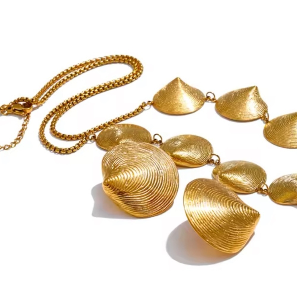 Gold Textured Seashell Statement Earrings – PVD Plated Stainless Steel - Picture 4 of 12